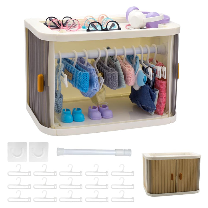 WALLFID Faltbarer Puppenkleiderschrank mit 15 Puppenkleiderbügel, staubdichte Aufbewahrungsbox für M