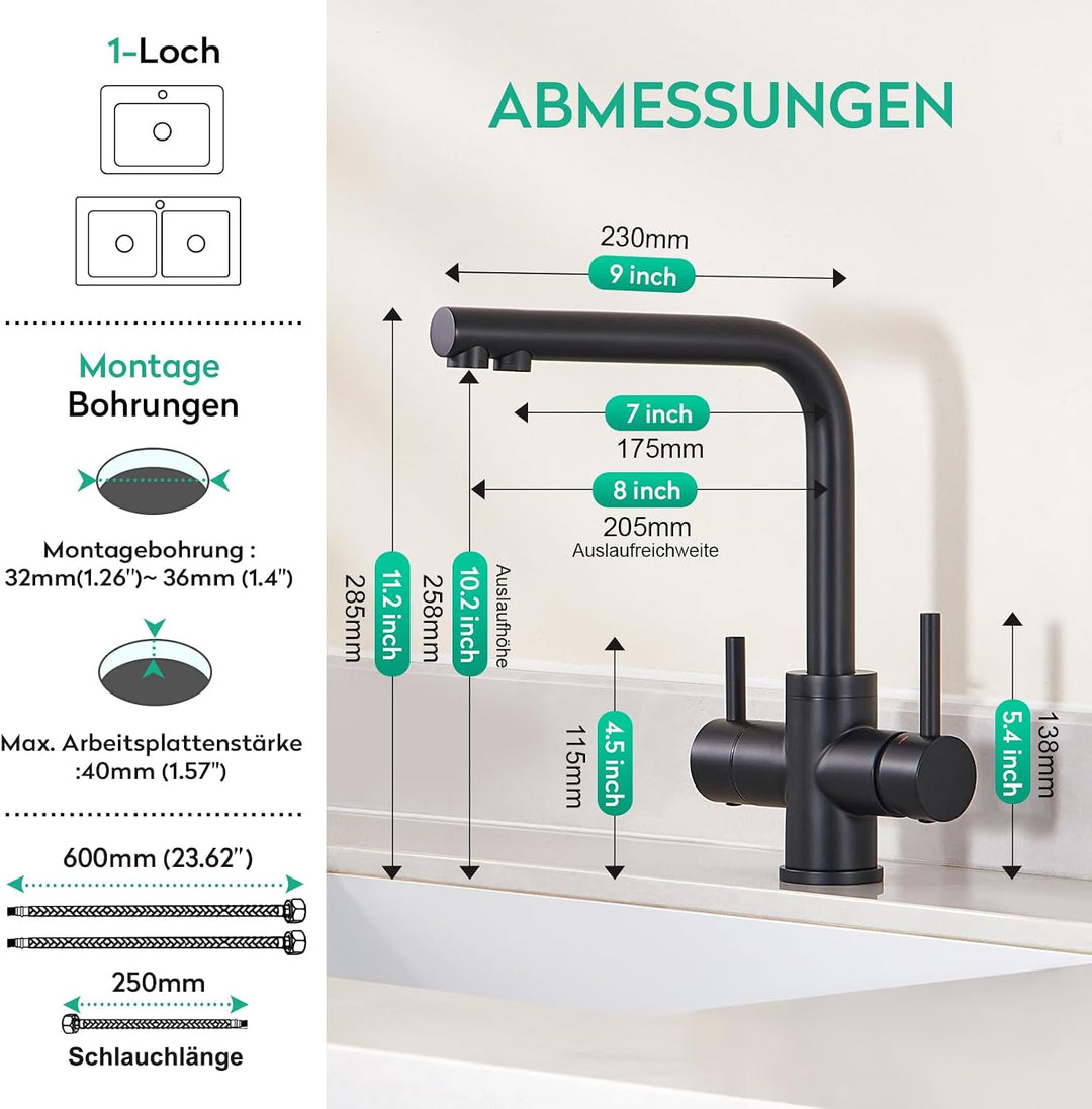 CREA Niederdruck Armatur Küche, 3 Wege Wasserhahn Küche, 360° Drehbar Küchenarmatur, 3 in 1 Mischbat
