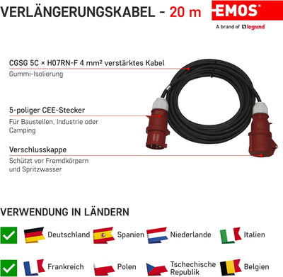 EMOS CEE-Verlängerungskabel 20m 5-polig Stecker, 5X 32 A / 400V / 22 000 W, 4 mm2, IP44 wasserdichte