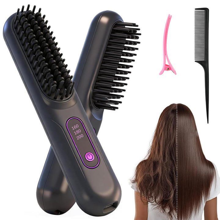Glättbürste Kabellos, Stylingbürste Für Kurze Langes Haare, Haarglätter Bürste Kabellos mit 3 Wärmes