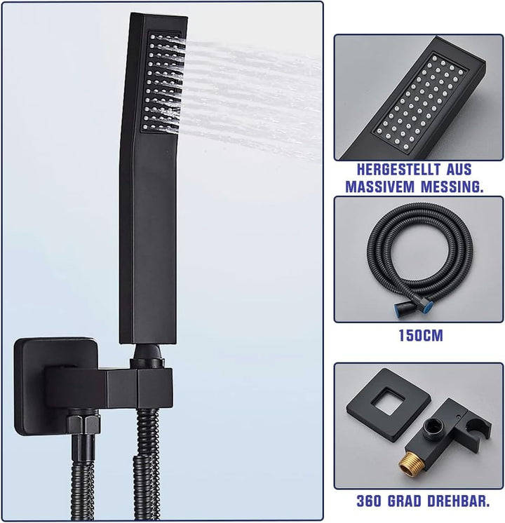 Duschsystem Schwarz Unterputz Duscharmatur Set inkl.30X30cm Kopfbrause, Duschsystem mit Temperatur L