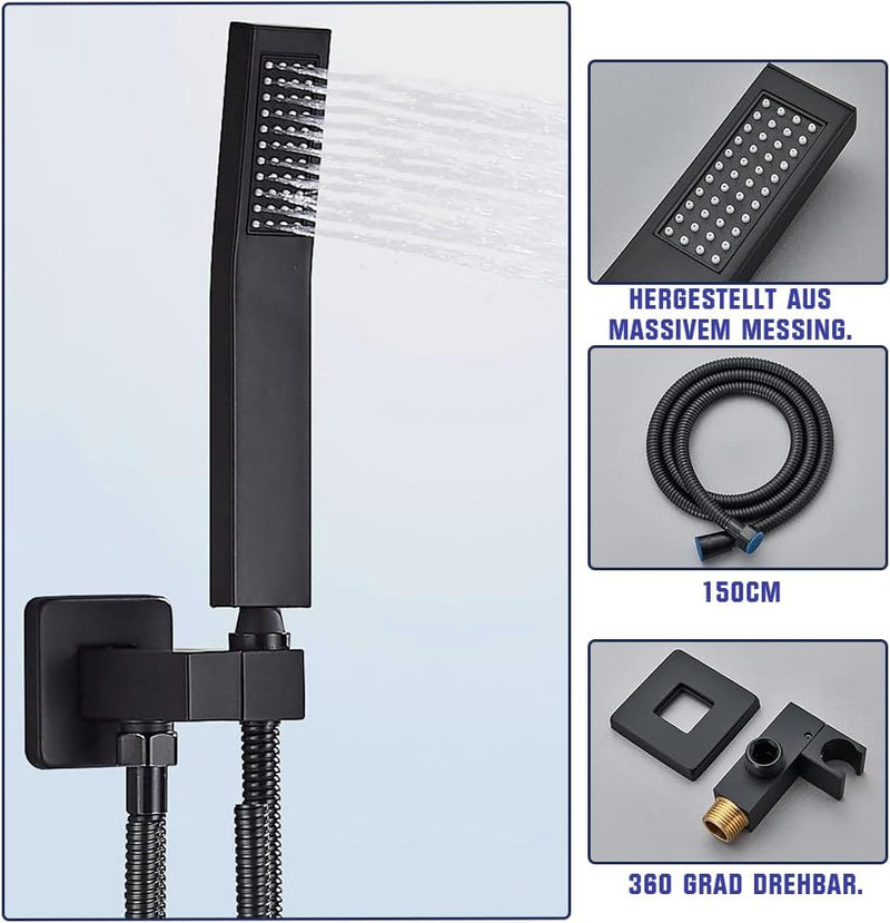 Duschsystem Schwarz Unterputz Duscharmatur Set inkl.30X30cm Kopfbrause, Duschsystem mit Temperatur L