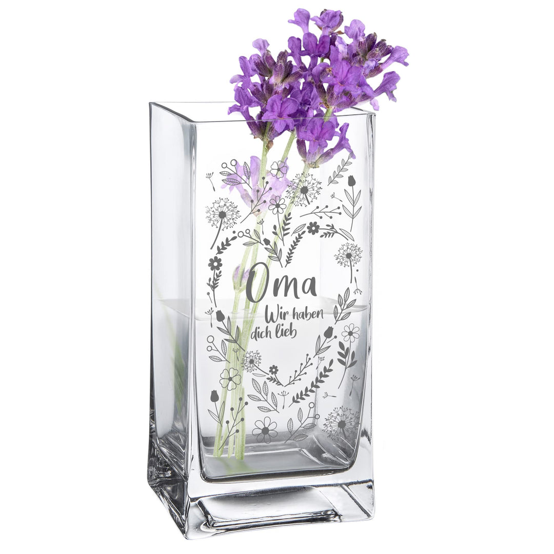 Blumenvase für Oma, Vase mit Gravur, Geschenk , Eckige Glasvase für Blumen, Blumenherz Deko , Modern