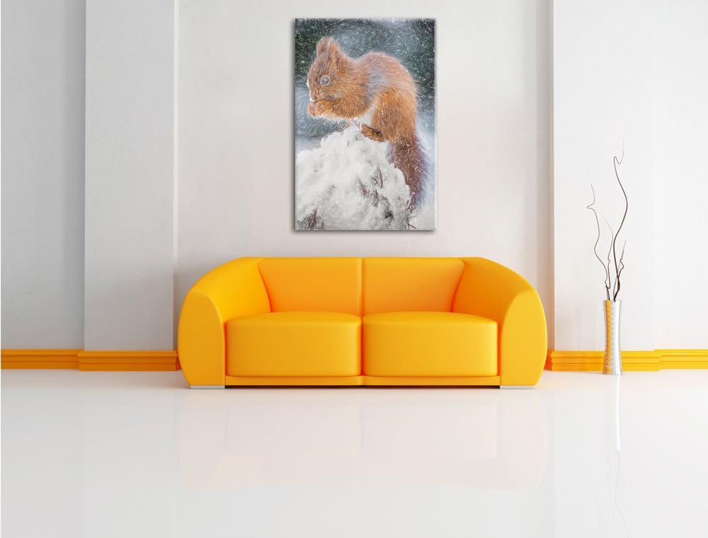 Pixxprint Kleines Eichhörnchen im Winter als Leinwandbild/Grösse: 100x70 cm/Wandbild/Kunstdruck/fert