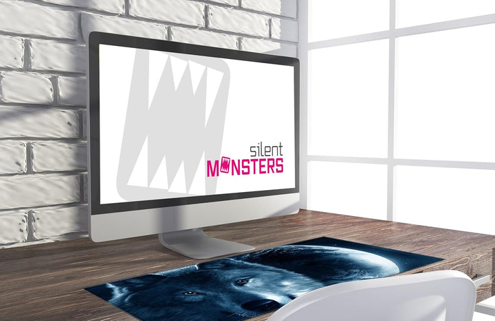 Silent Monsters Mauspad XXL 900 x 400 mm grosses Mousepad Wolf - Vernähter Rand, rutschfest & leise,