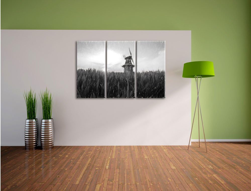 Pixxprint schöne Windmühle auf dem Feld Kunst Kohle Effekt 3-Teiler Leinwandbild 120x80 Bild auf Lei