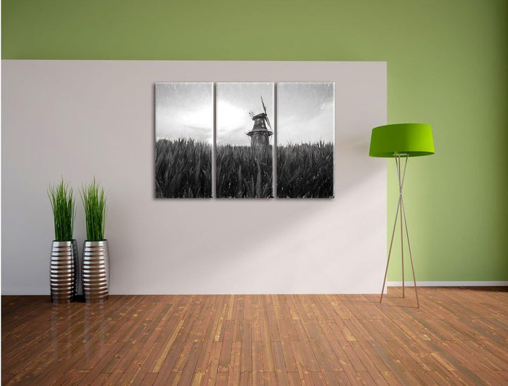 Pixxprint schöne Windmühle auf dem Feld Kunst Kohle Effekt 3-Teiler Leinwandbild 120x80 Bild auf Lei