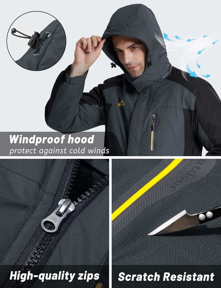 TACVASEN Herren Warme Skijacke Gefütterte Winterjacke Wasserabweisende Funktionsjacke mit Abnehmbare