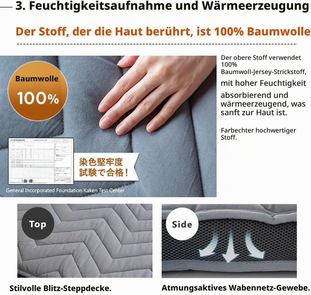 EMOOR Japanische Wollmischung Gepolsterte Futonmatratze GOMA 160 x 202 cm Grau (Fest), Urethan Zwick