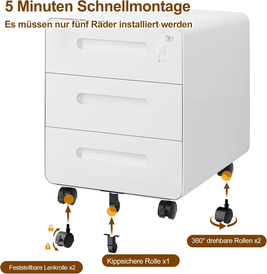 Rollcontainer, Mobiler Aktenschrank mit Schloss, Abgerundeten Ecken, 4 Schlüssel, 3 Schubladen, Druc