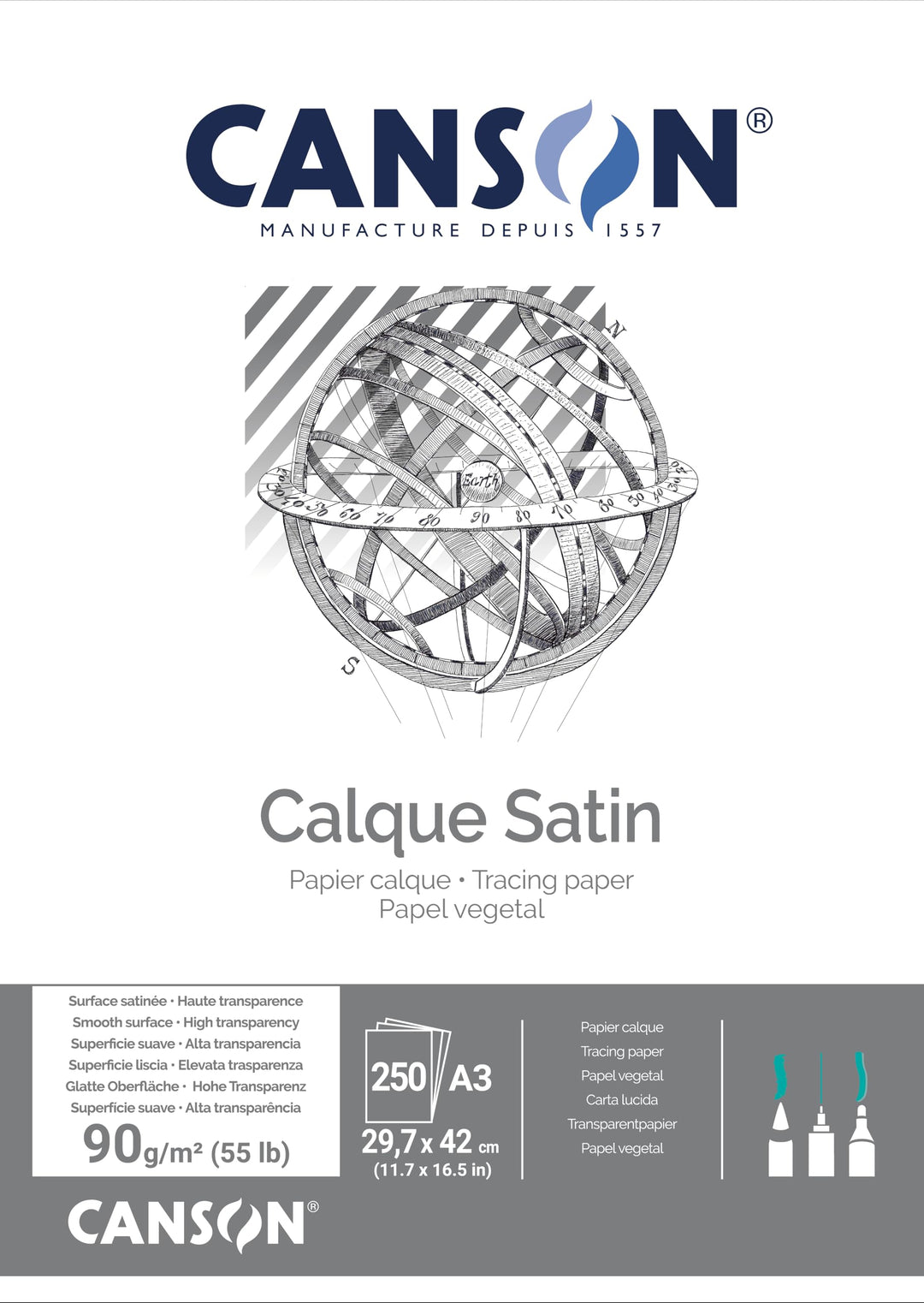 CANSON, Pauspapier, Glatt, 90gsm, 55lb, Bogen, A3-29,7x42cm, Box, Transparent, 250 Bögen - C20001731