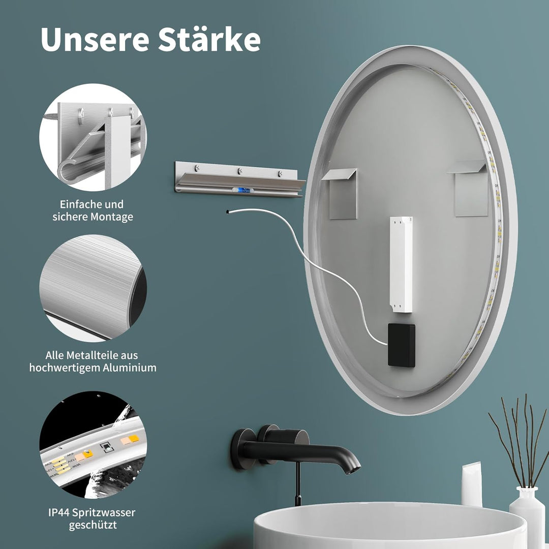 HOKO Design Badspiegel rund 60 cm Malaga mit Metall Rahmen Weiss. Runder Bad Wandspiegel LED beleuch