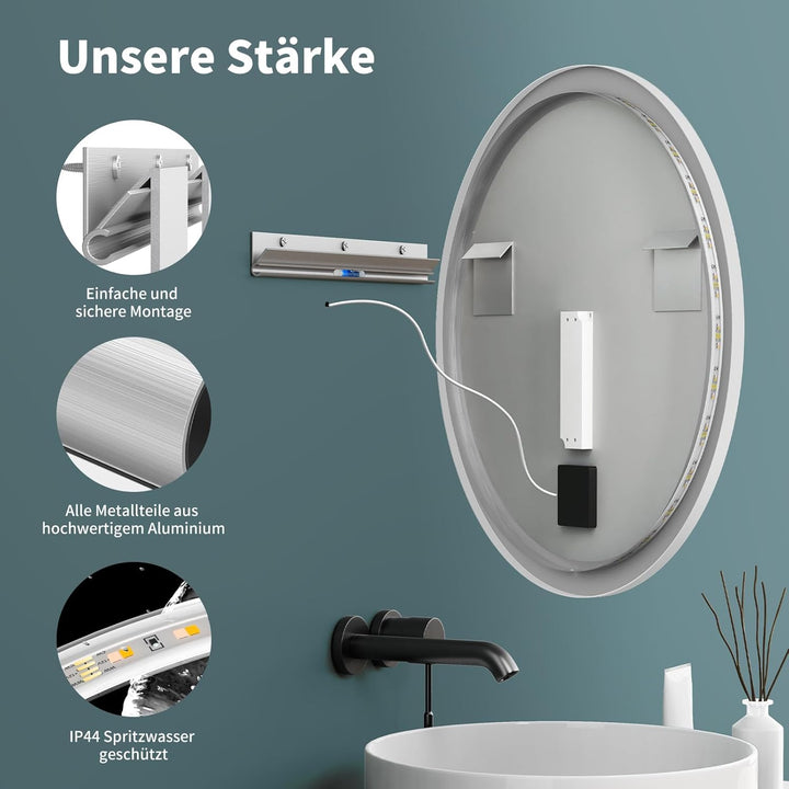 HOKO Design Badspiegel rund 60 cm Malaga mit Metall Rahmen Weiss. Runder Bad Wandspiegel LED beleuch