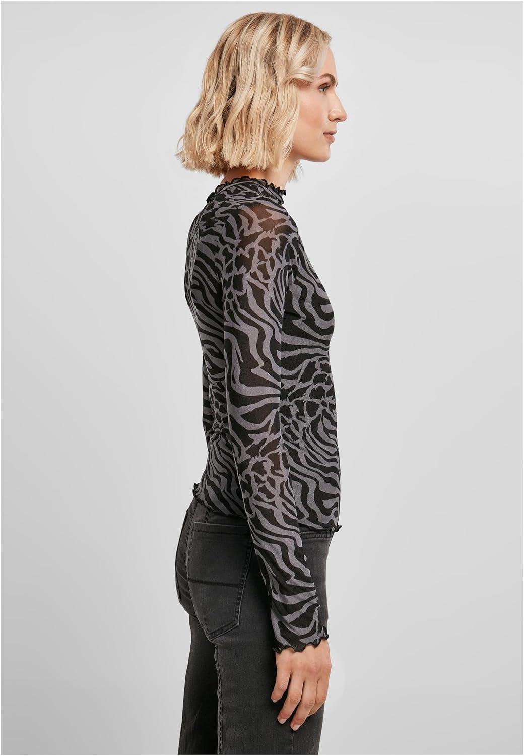 Urban Classics Damen Ladies AOP Mesh Turtleneck Longsleeve XS Asphalt/Black, XS Asphalt/Black