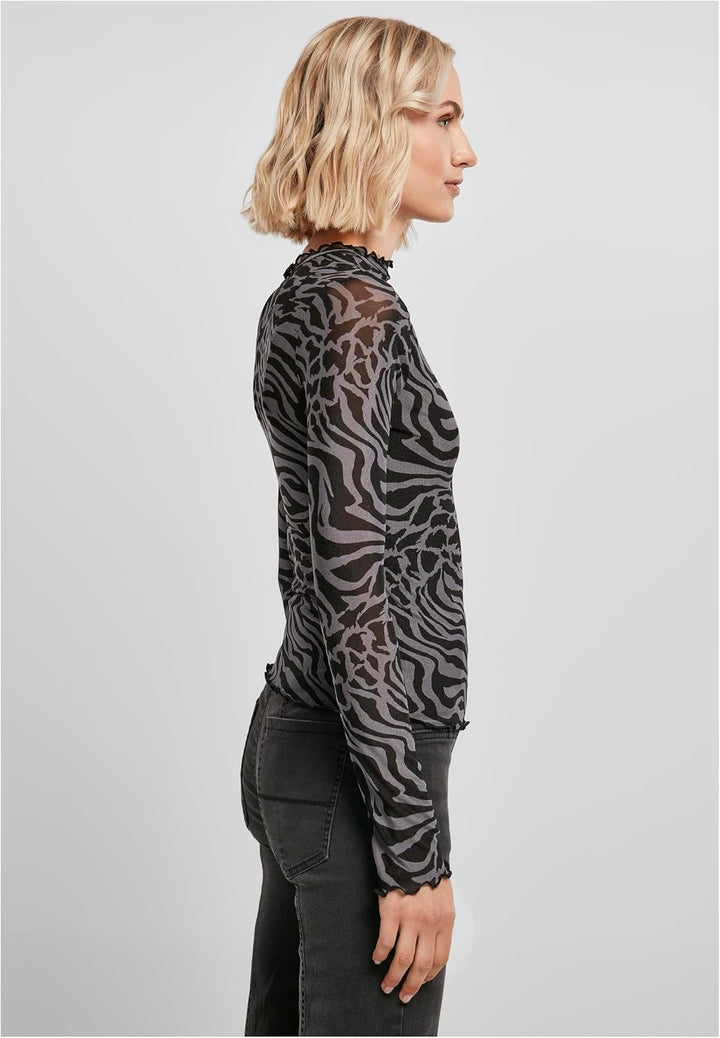 Urban Classics Damen Ladies AOP Mesh Turtleneck Longsleeve XS Asphalt/Black, XS Asphalt/Black