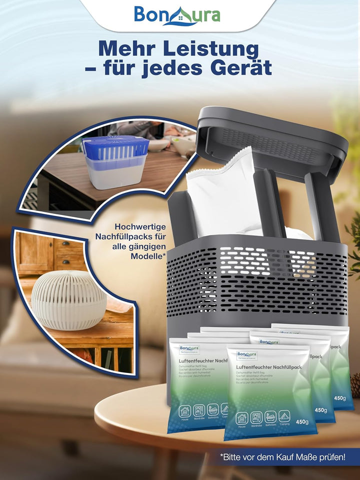 BonAura® AirOne Lite Luftentfeuchter Nachfüllpack I 6er Set 450g Luftentfeuchter Granulat I Entfeuch