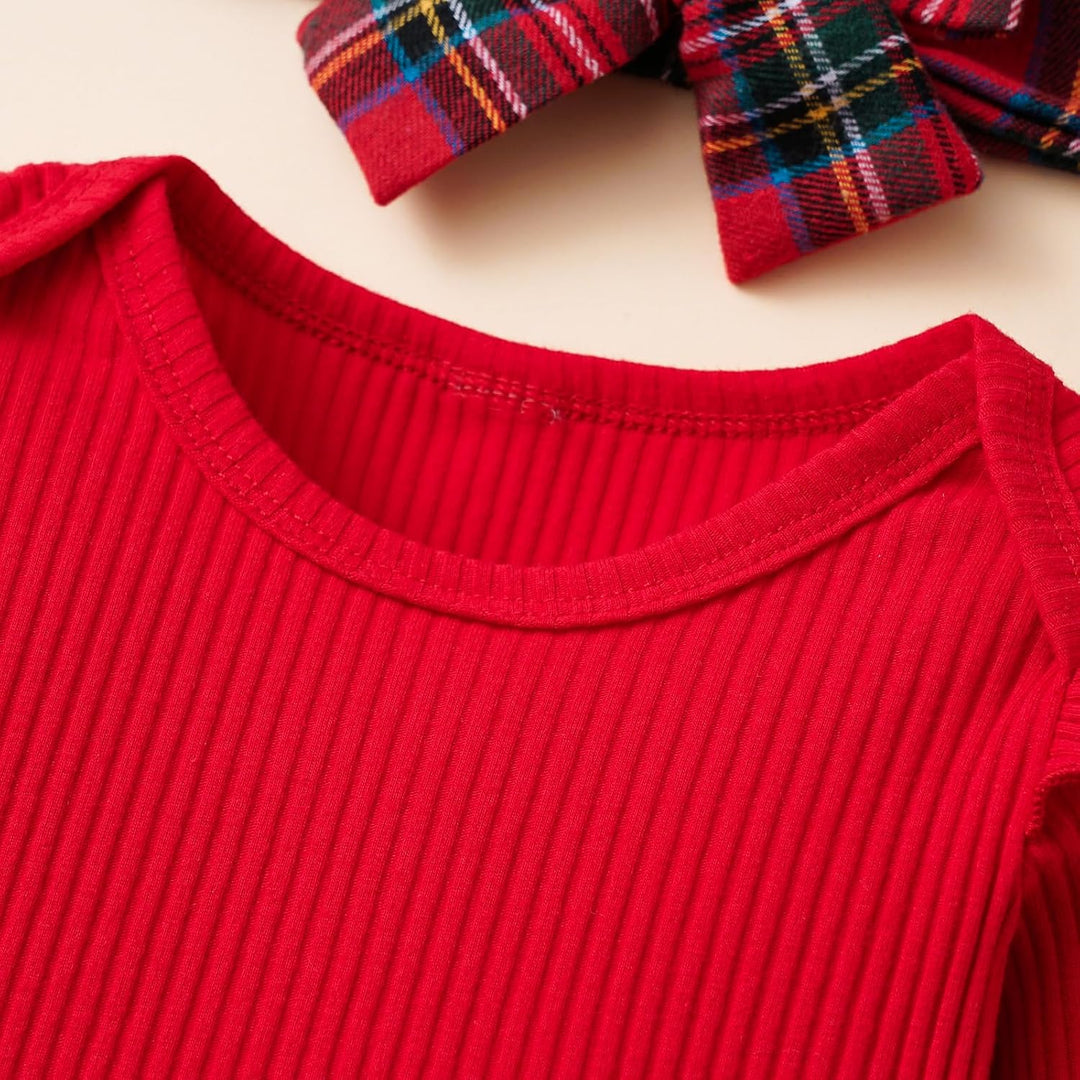 Baby Mädchen Weihnachtsoutfit Langarm Body + Karo Straps Rock + Haarband 3tlg Set Kleinkind Outfit W