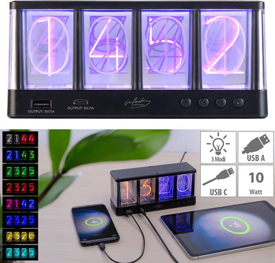 infactory Uhr: Tischuhr in Röhren-Optik, RGB-LEDs, USB-A/C-Anschluss, USB-betrieben (Tischuhr in Röh
