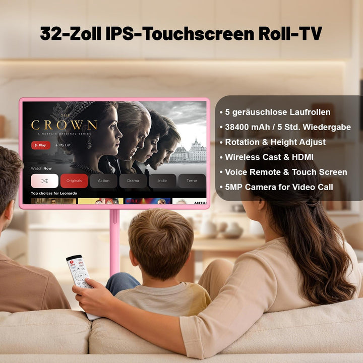VLH 32 Zoll Portable TV, Mobiler Tragbarer Fernseher auf Rollen, Android 15, EDLA-Zertifiziert, 8G+1