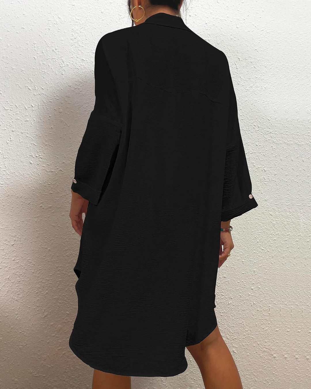 Bsubseach Frauen Badeanzug Coverup Shirt Kleid Button Down Badeanzug Cover Up Beachwear L B-Schwarz,