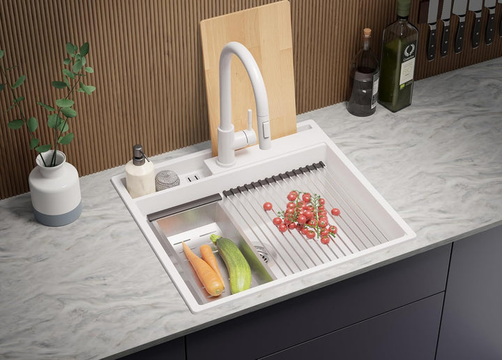 PRIMAGRAN Spülbecken Weiss 58x53cm, Granitspüle 1 Becken + Ablauf-Set, Küchenspüle ab 60er Unterschr