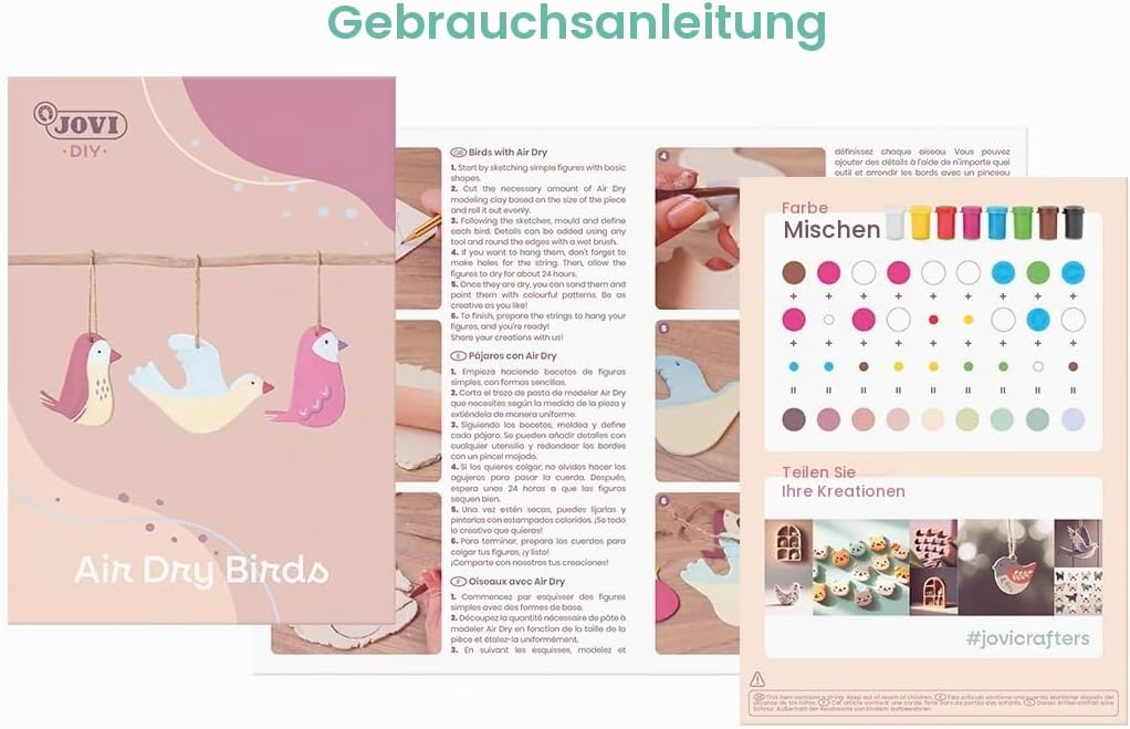 Jovi 2701 DIY Air Dry Birds - Bastelset für Vögel aus luftgetrocknetem Ton weiss + Farben und Werkze