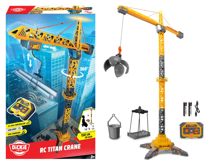 Dickie 203729025 Titan Radiokran mit Funksteuerung, 150 cm, 360° drehbar, mit Licht und USB, inklusi
