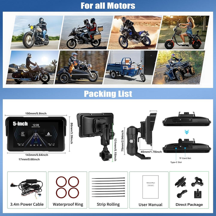SIXWIN Motorrad Carplay Bildschirm für Moto mit Wireless Carplay Android Auto, 5 Zoll HD Touchscreen
