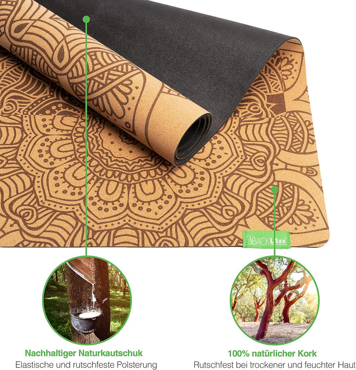 BACKLAxx ® Kork Yoga Matte mit Naturkautschuk – Nachhaltige Yogamatte rutschfest schadstofffrei mit