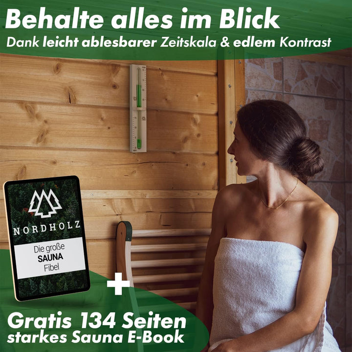 NORDHOLZ® Sauna Sanduhr 15 Minuten aus 100% nordischer Fichte - Glas robust &amp; hitzebeständig - Kontr