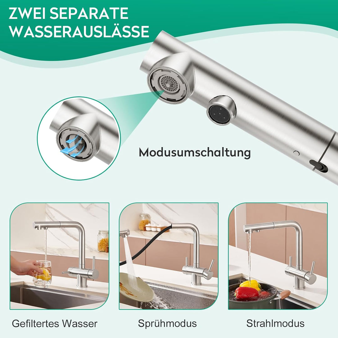 CREA 3 Wege Wasserhahn Küche mit Brause, Trinkwasserhahn mit 360° Drehbarkeit, Drei Wege Mischbatter