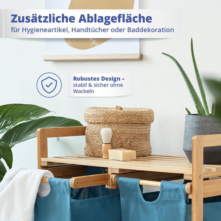 Lumaland Wäschekorb Bambus mit 2 ausziehbaren Wäschesäcken | Pflegeleichtes Material, unempfindlich
