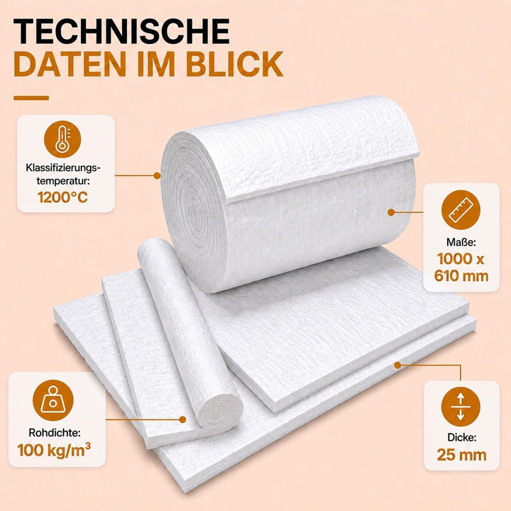 HeWaTherm Keramikfasermatte (Bio-Wolle) 1200°C / 96kg 1000 x 610 x 25,4mm