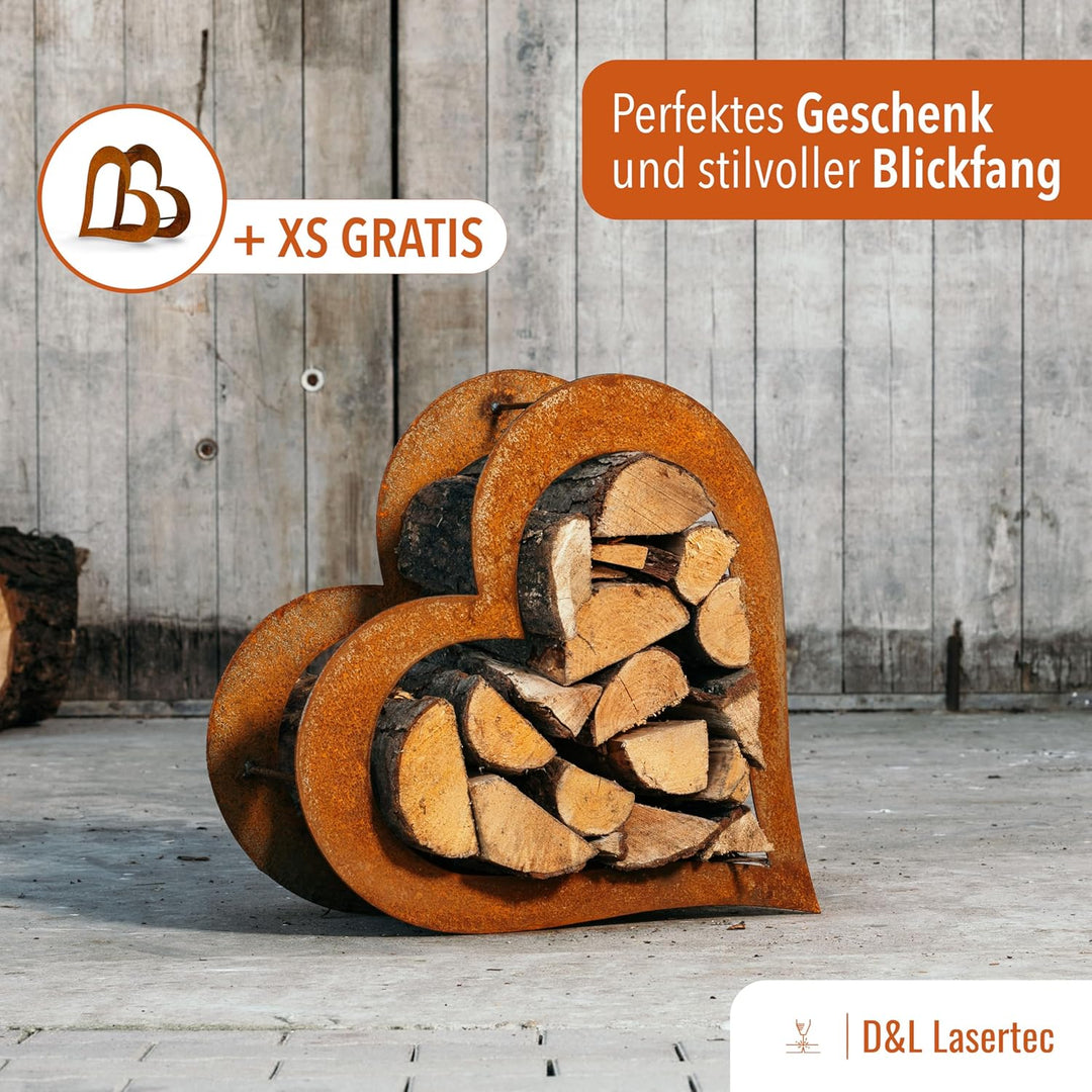 D&L Lasertec Herz aus Metall - Herz für Kaminholz - Regal aus Rost Edelrost Holzregal für Garten Ter