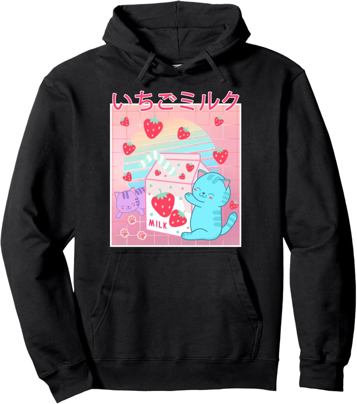 Strawberry Cat Vaporwave 90er Jahre japanische Erdbeermilch Pullover Hoodie