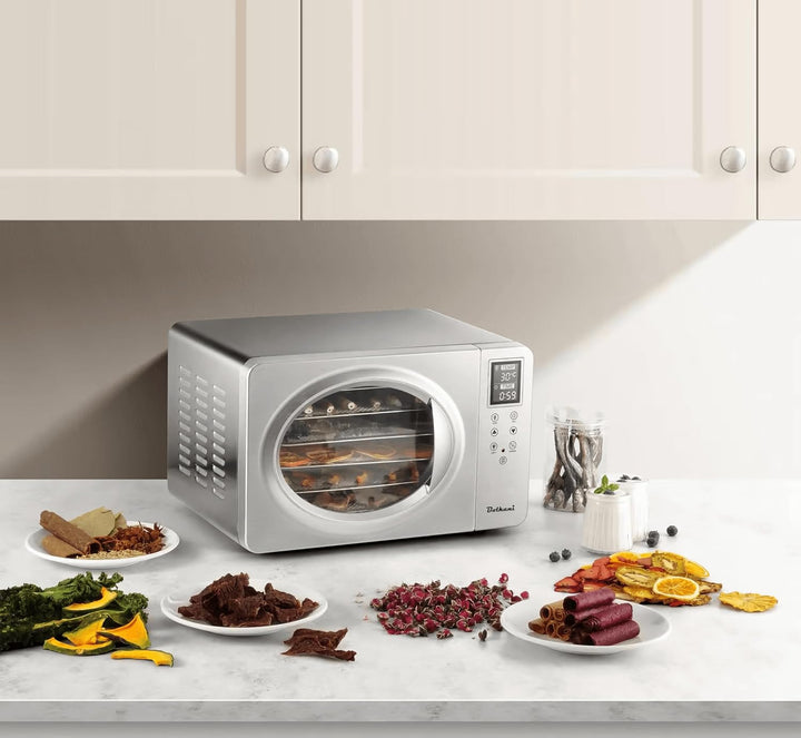 Dörrautomat Edelstahl, Dörrgerät & Food Dehydrator, 6 Dörrtabletts, 500W, LED-Display, 30–90°C, 24h