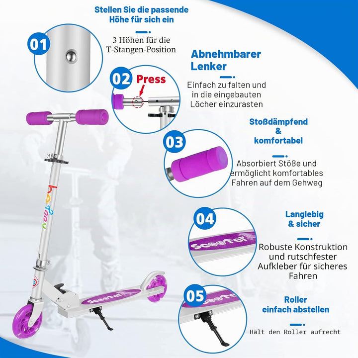 BELEEV V1 Roller Kinder 2 Räder, Klappbar Kinderroller für Mädchen Jungen, Tretroller mit LED Leucht