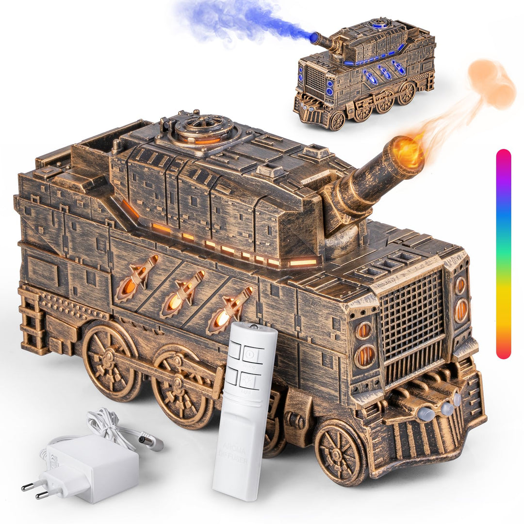 Aroma Diffusor für Ätherische Öle - Tank Diffuser mit Kanonen Styling, Farbigen LED Flammeneffekt, F