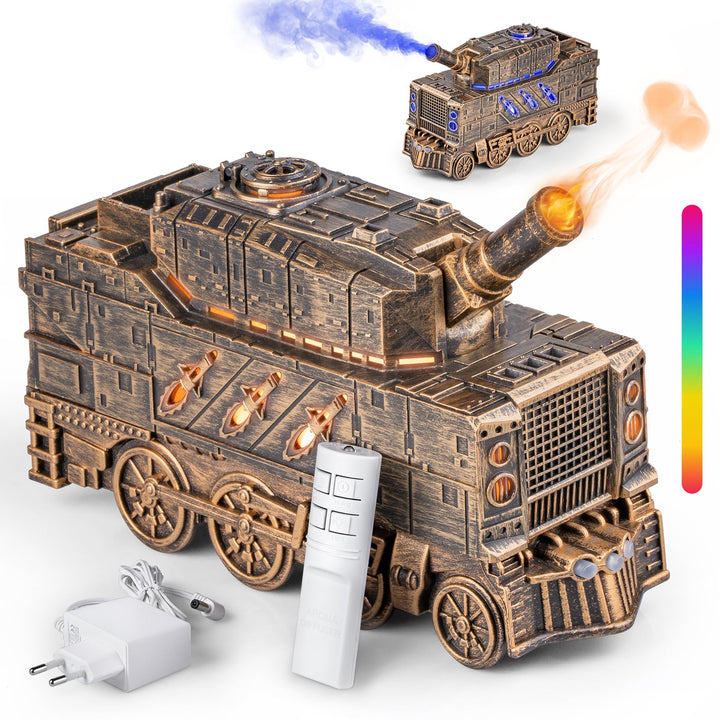 Aroma Diffusor für Ätherische Öle - Tank Diffuser mit Kanonen Styling, Farbigen LED Flammeneffekt, F