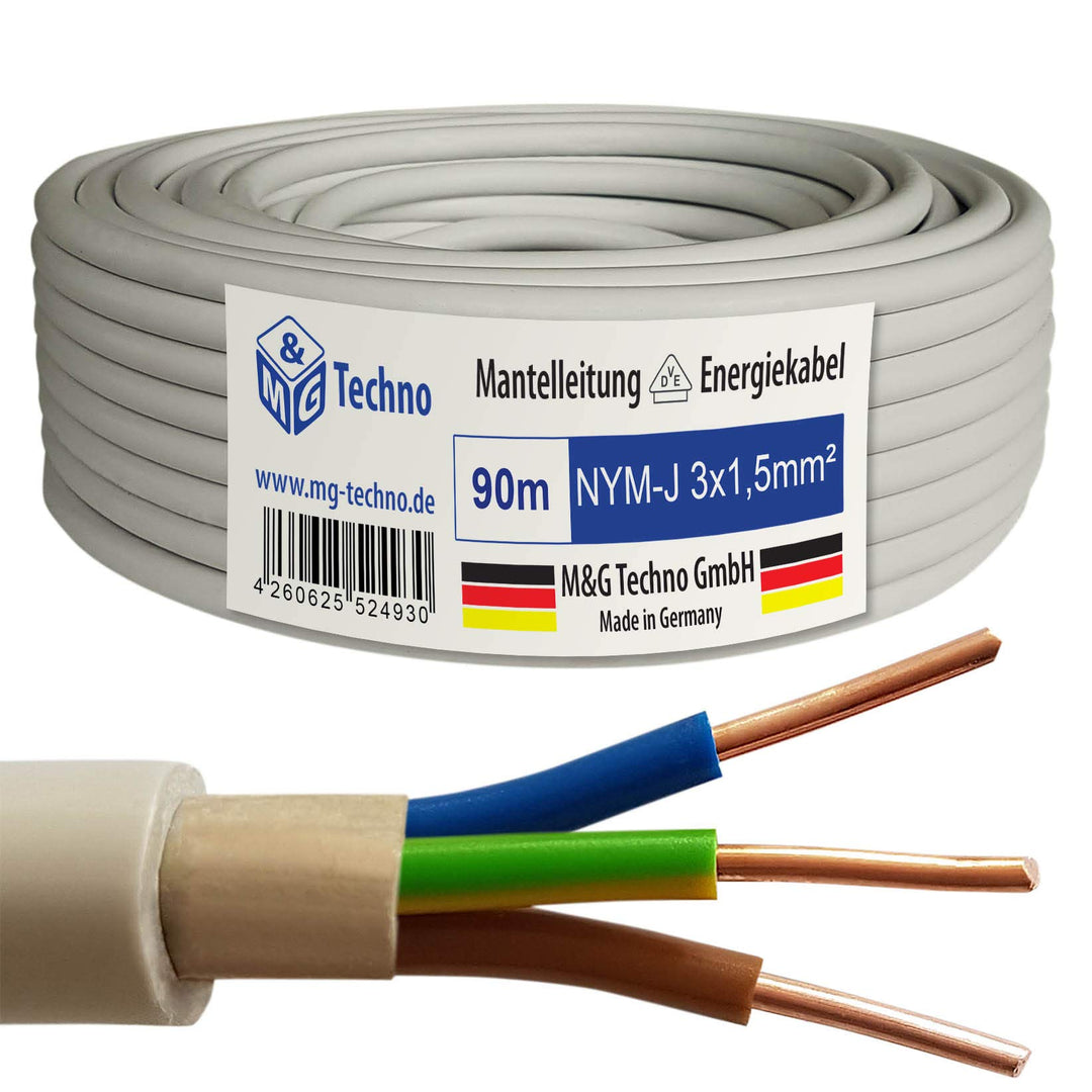 M&G Techno 90m NYM-J 3x1,5 mm² Mantelleitung Feuchtraumkabel Elektrokabel Kupfer Made in Germany, 10
