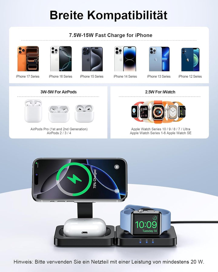 3 in 1 Mag Safe Ladestation für iPhone 17/16/15/14/13/12, ADADPU Faltbare Ladestation Apple Watch un