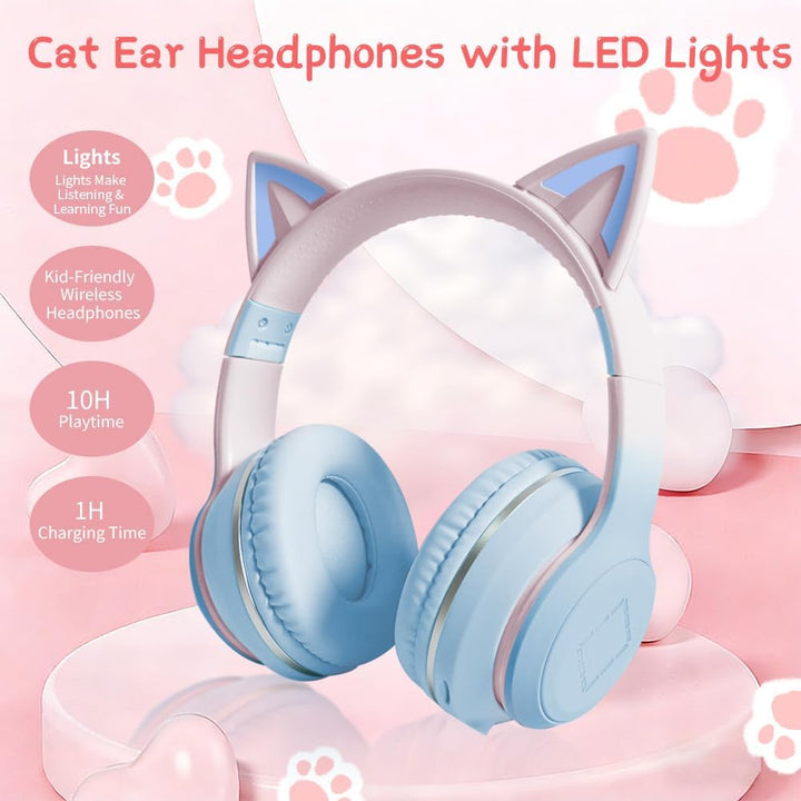 Kinder Bluetooth Kopfhörer, Katzenohr LED Lichter, Bluetooth 5.3 Stereo, Verstellbares Kopfband, 85d