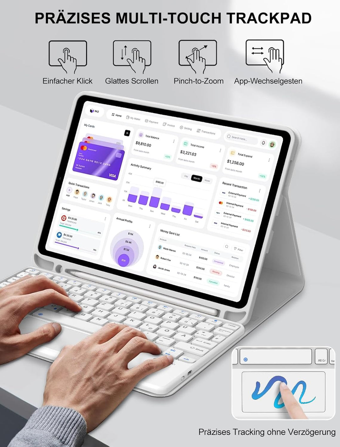 JADEMALL Für iPad Hülle mit Tastatur für 11./10. Gen (2025/2022) – Mit Präzisions-Touchpad, Abnehmba