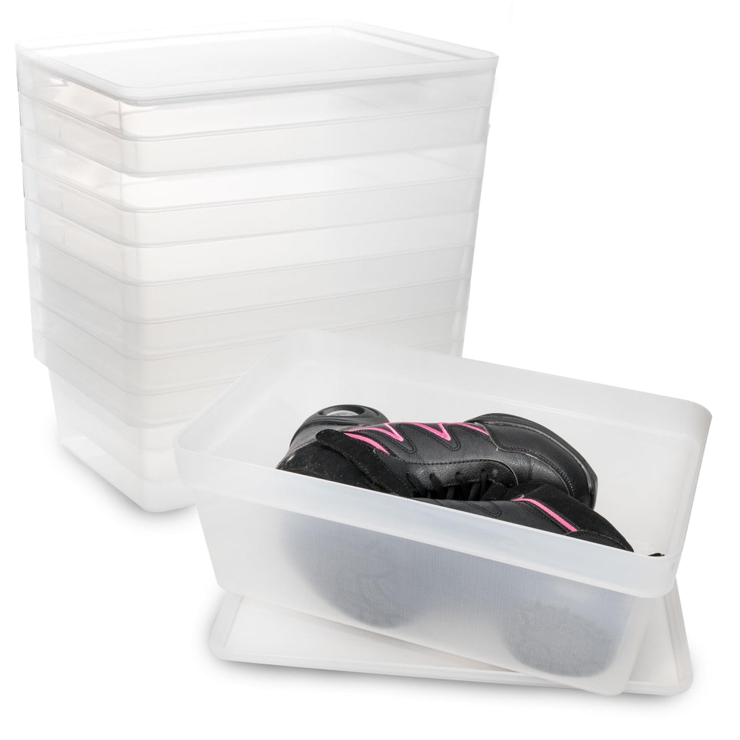 9x Ordnungsbox mit Deckel - stapelbar - milchig-transparent - Schuhbox - 14,5 cm hoch | 21,5x36x14,5