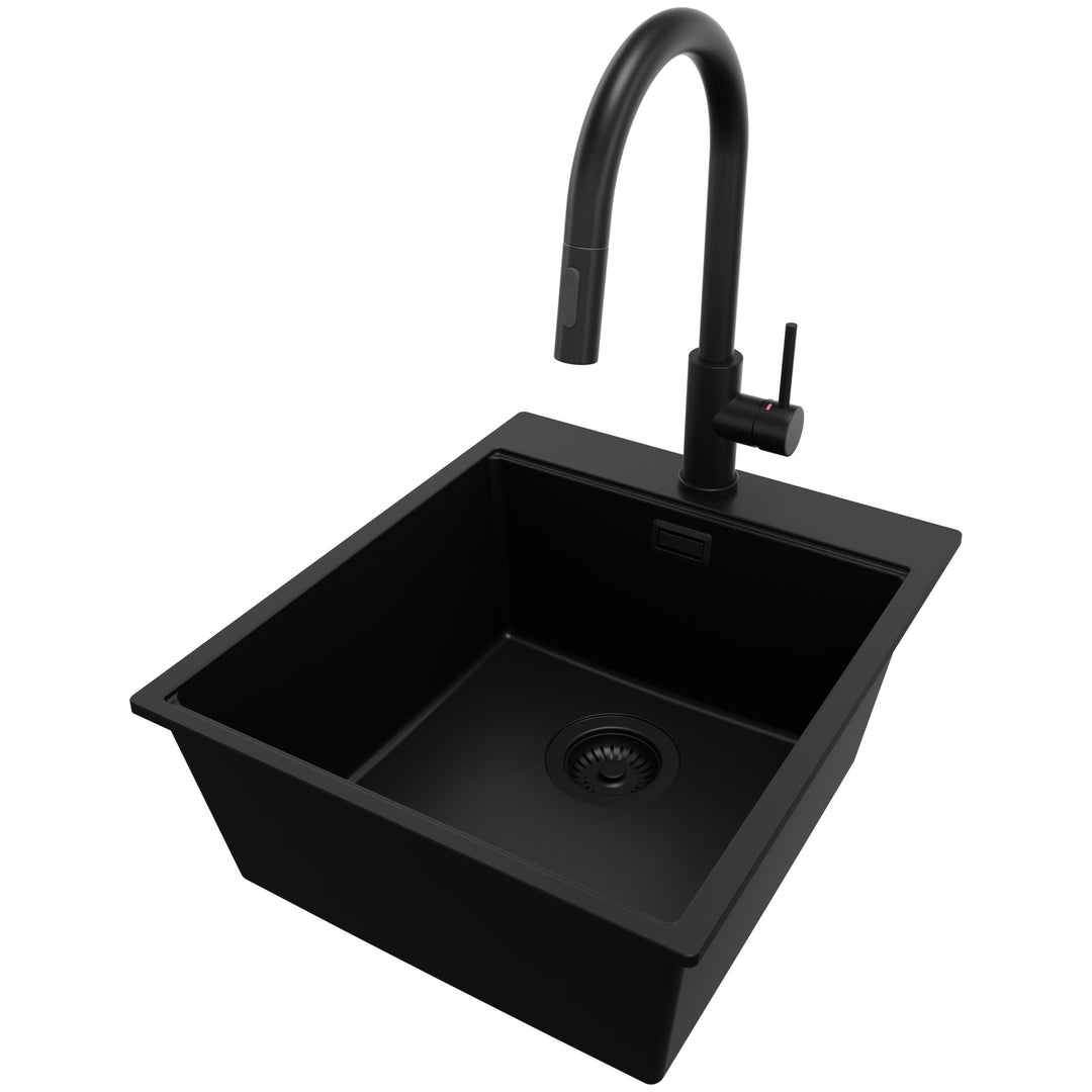 PRIMAGRAN Granitspüle Alles Schwarz 43x50cm, Spülbecken 1 Becken + Küchenarmatur 40x20cm + Ablauf-Se