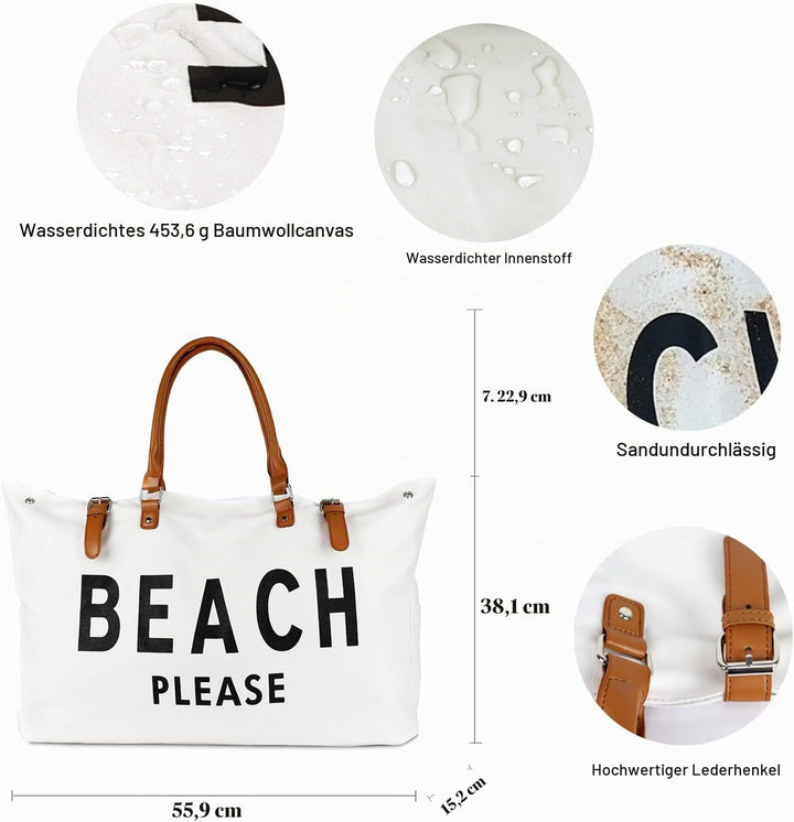 Damen Strandtasche Grosse, Strandtasche XXL Familie Wasserdicht mit Ledergriffe, Beach Bag für Reise