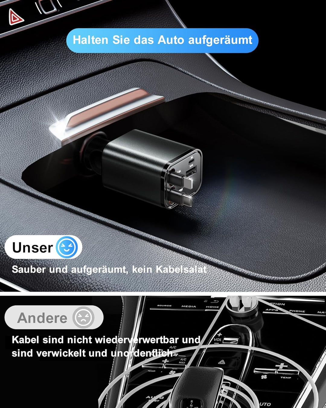 Aimtel Einziehbares Auto Ladegerät Zigarettenanzünder USB C KFZ Ladegerät Handy Ladegerät Auto Kompa