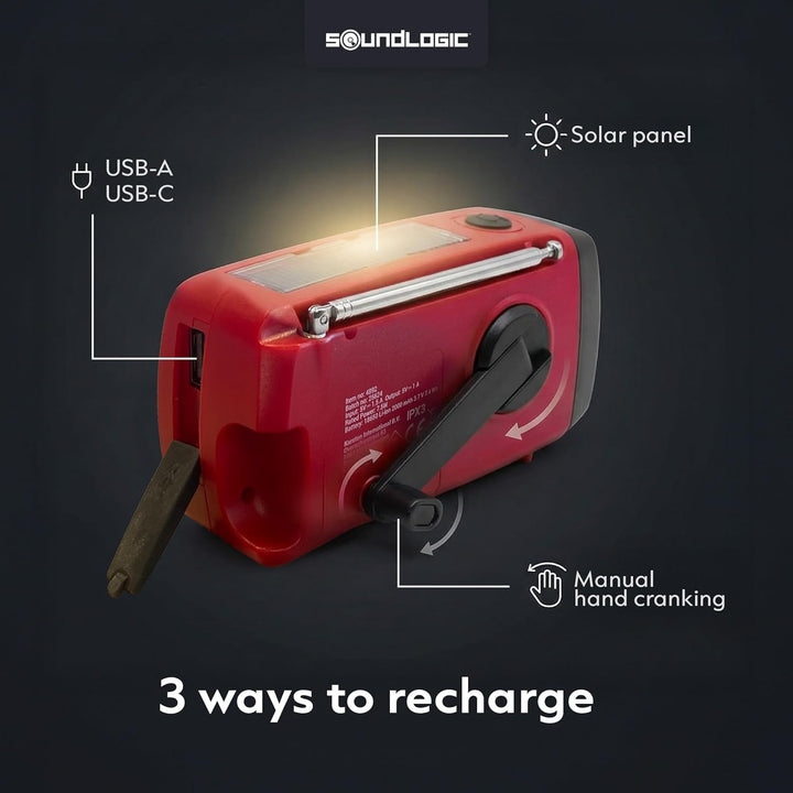 Soundlogic Notfallradio Solar | Kurbelradiof mit Powerbank & LED Taschenlampe | AM/FM Radio | USB-C