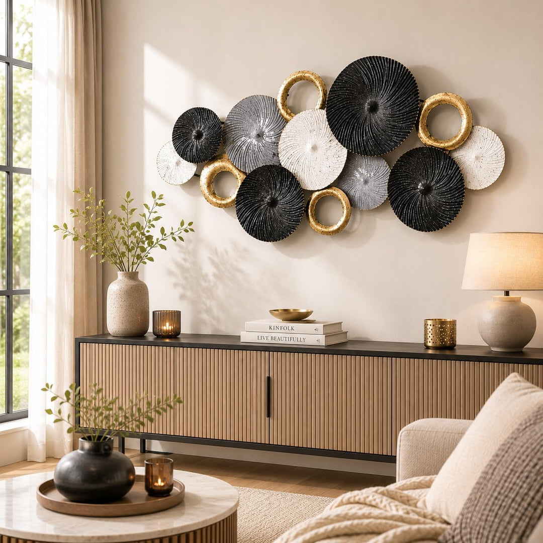 Kobolo Wandbild Wanddeko Metallbild 3D-Bild - SWIRL -weiss grau gold- ca 120x54 cm
