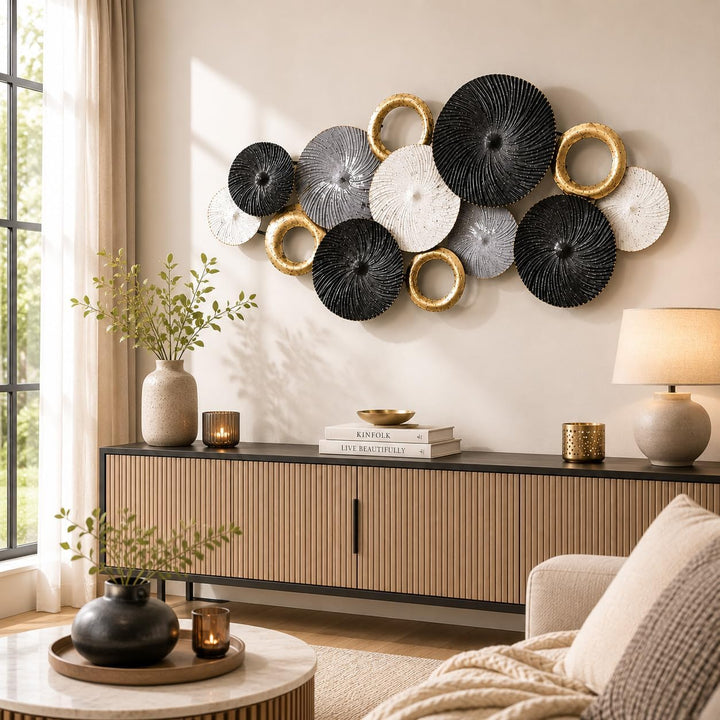 Kobolo Wandbild Wanddeko Metallbild 3D-Bild - SWIRL -weiss grau gold- ca 120x54 cm